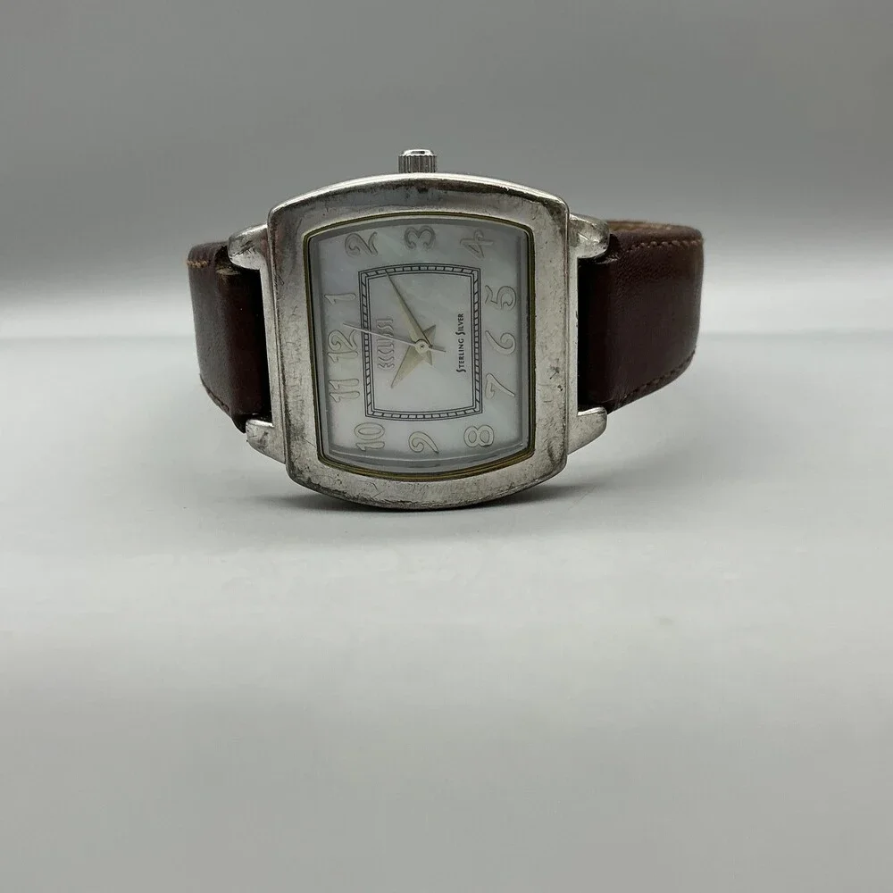 Ecclissi Womens Watch 31mm MOP Sterling Silver 22590 Brown Leather New Battery